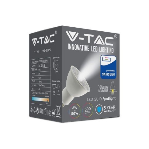 Żarówka LED V-TAC SAMSUNG CHIP GU10 6W 10st (wąski kąt światła) VT-249 6400K 500lm 5 lat gwarancji