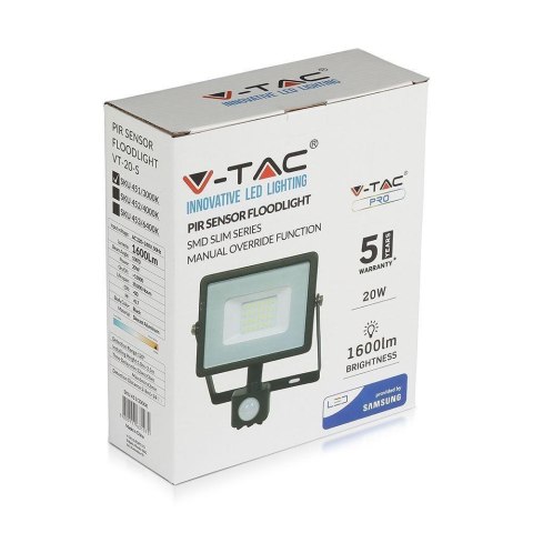 Naświetlacz LED V-TAC 20W SAMSUNG CHIP czujnik ruchu funkcja cut-OFF czarny VT-20-S-W 6400K 1600lm 5 lat gwarancji
