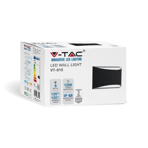 Kinkiet ścienny V-TAC 9W LED góra dół BRIDGELUX CHIP czarny IP54 VT-815 4000K 1280lm