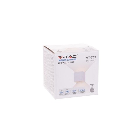 Oprawa ścienna V-TAC 5W kinkiet góra dół regulowana biały kwadrat IP65 BRIDGELUX VT-759-W 3000K 700lm