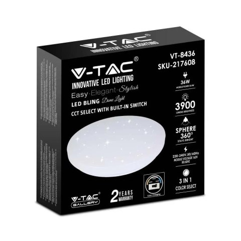 Oprawa sufitowa plafoniera V-TAC 36W LED gwiazdy zmiana koloru CCT fi.480 VT-8436-S-N 3000K-6400K 3900lm