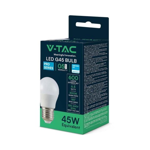 Żarówka LED V-TAC SAMSUNG CHIP 6,5W E27 kulka G45 VT-290 6500K 600lm 5 lat gwarancji