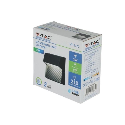 Oprawa ścienna elewacyjna 3W LED V-TAC czarny kwadrat 230V IP65 VT-1172-B 4000K 210lm