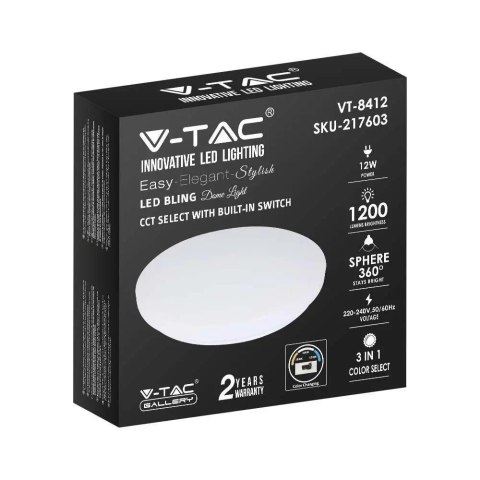 Oprawa sufitowa plafoniera V-TAC 12W LED mleczny zmiana koloru CCT fi.255 VT-8412 3000K-6400K 1200lm