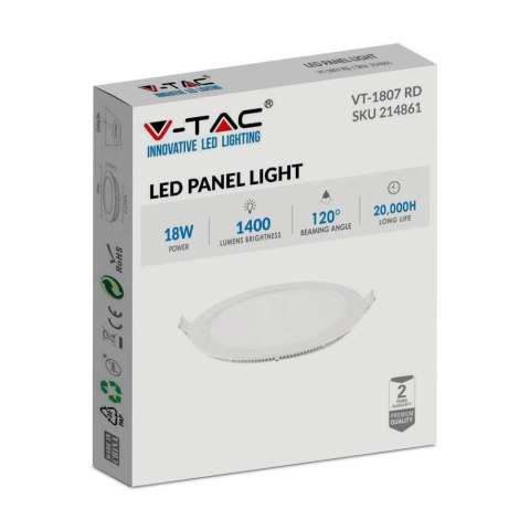 Panel LED V-TAC premium downlight 18W okrągły fi225 VT-1807 4000K 1400lm