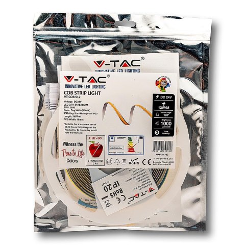 Taśma LED V-TAC bezpunktowa COB 512LED 24V CRI90+12W/m VT-COB 6000K 1000lm 3 lata gwarancji