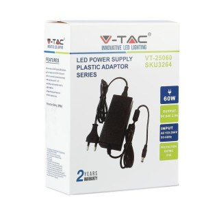 Zasilacz LED V-TAC desktop 60W 24V 2,5A IP44 wtyczkowy desktop z przewodami VT-25060