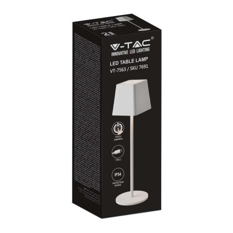 Lampka stołowa nocna V-TAC 2W LED 36cm ładowanie ściemnianie IP54 biała VT-7563 3000K 200lm