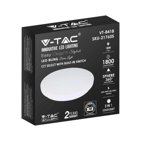 Oprawa sufitowa plafoniera V-TAC 18W LED mleczny zmiana koloru CCT fi.310 VT-8418 3000K-6400K 1800lm