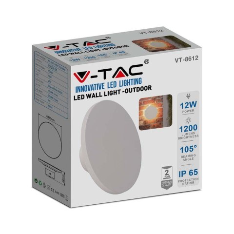 Oprawa ścienna kinkiet 12W V-TAC biały okrągły IP65 VT-8612W-RD 4000K 1400lm