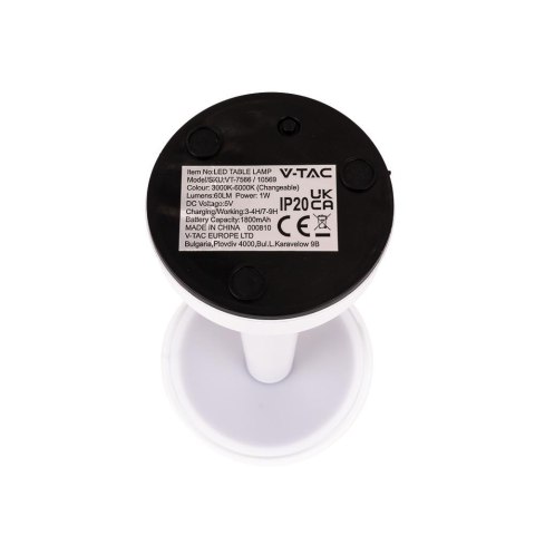 Lampka stołowa nocna V-TAC 2W LED 23cm ładowanie USB CCT ściemnianie biała VT-7566 3000K-6000K 40lm