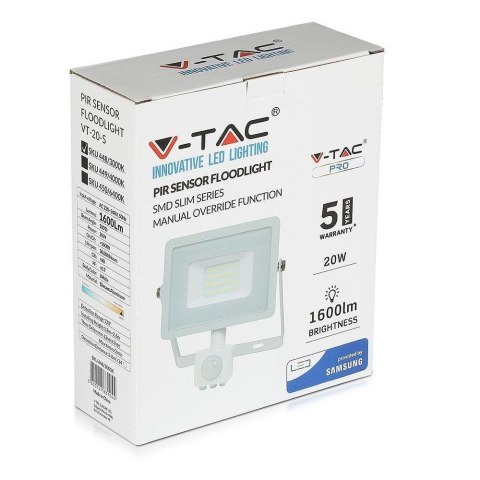 Naświetlacz LED V-TAC 20W SAMSUNG CHIP czujnik ruchu funkcja cut-OFF biały VT-20-S-B 3000K 1600lm 5 lat gwarancji