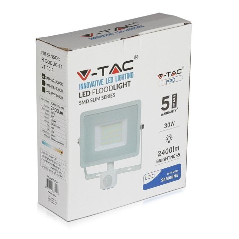 Naświetlacz LED V-TAC 30W SAMSUNG CHIP czujnik ruchu funkcja cut-OFF biały VT-30-S-W 6400K 2400lm 5 lat gwarancji