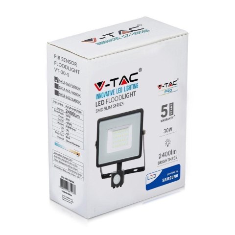 Naświetlacz LED V-TAC 30W SAMSUNG CHIP czujnik ruchu funkcja cut-OFF czarny VT-30-S-B 3000K 2400lm 5 lat gwarancji