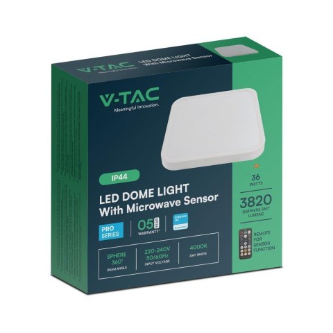 Oprawa sufitowa plafoniera V-TAC 36W LED SAMSUNG CHIP kwadrat 42x42cm natynkowy pilot czujnik ruchu IP44 biały VT-8630S 4000K 38