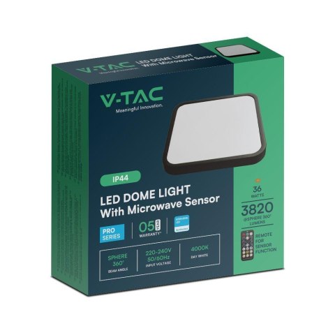 Oprawa sufitowa plafoniera V-TAC 36W LED SAMSUNG CHIP kwadrat 42x42cm natynkowy pilot czujnik ruchu IP44 czarny VT-8630S 4000K 3