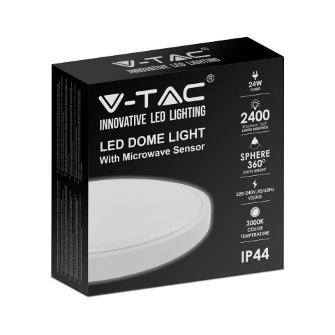 Oprawa sufitowa plafoniera V-TAC 24W LED okrągły IP44 czujnik ruchu mikrofalowy 30cm biały VT-8624S-W-RD 4000K 2400lm